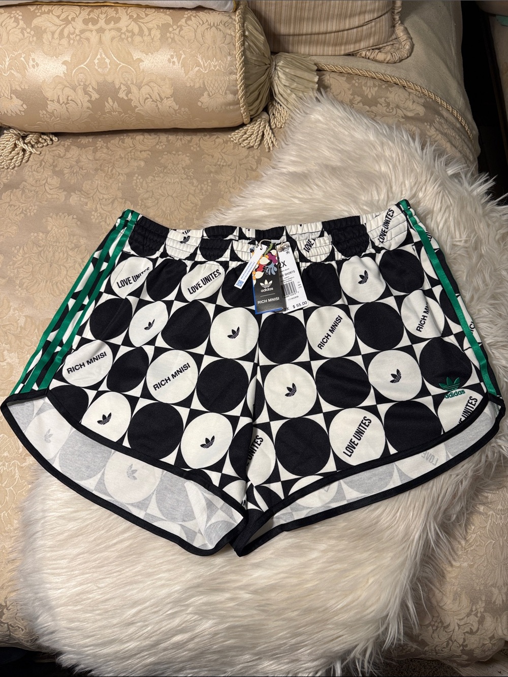 Adidas x Rich Mnisi Black & White Patterned Shorts with Green Stripes BNWT 2X
